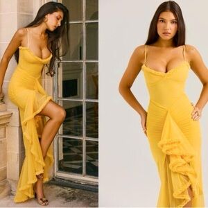 House of CB Gabbi Ruffle Mesh High-Low Cocktail Wedding  Ruffled Dress Yellow XS